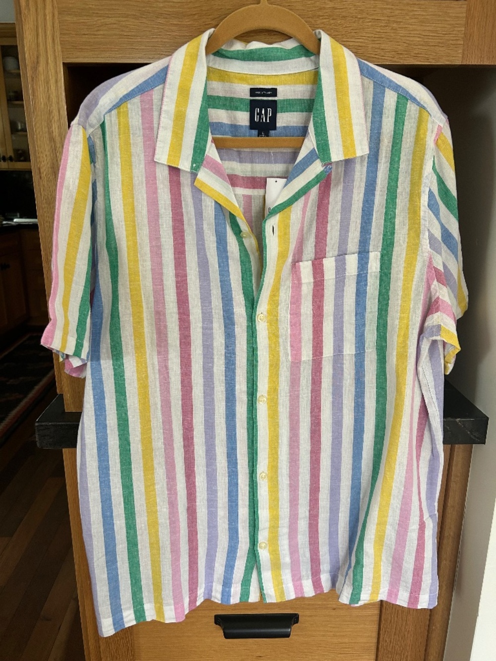 Gap Mens Button Front Linen Pastel Rainbow Stripe Shirt NEW